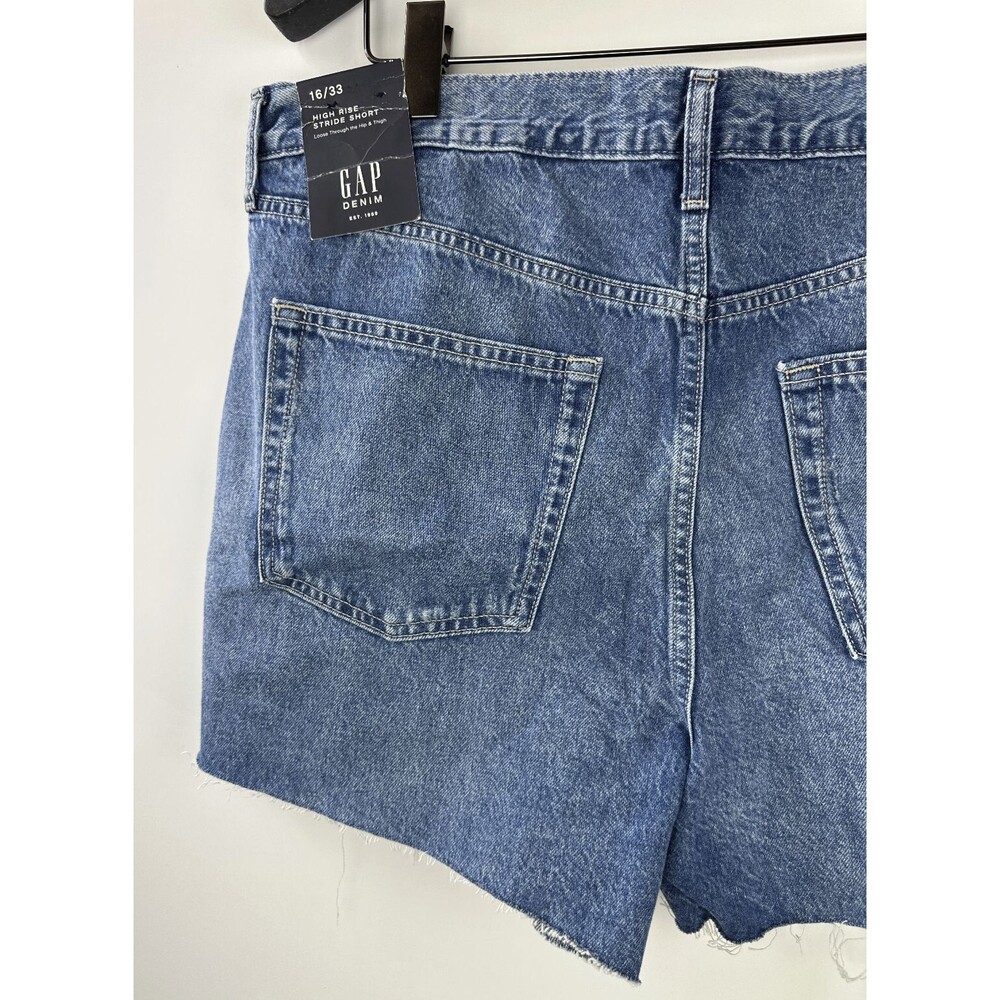 NWT GAP High Rise Destructed Stride Shorts Blue Denim Jean Distressed Size 16 33 - Picture 7 of 10